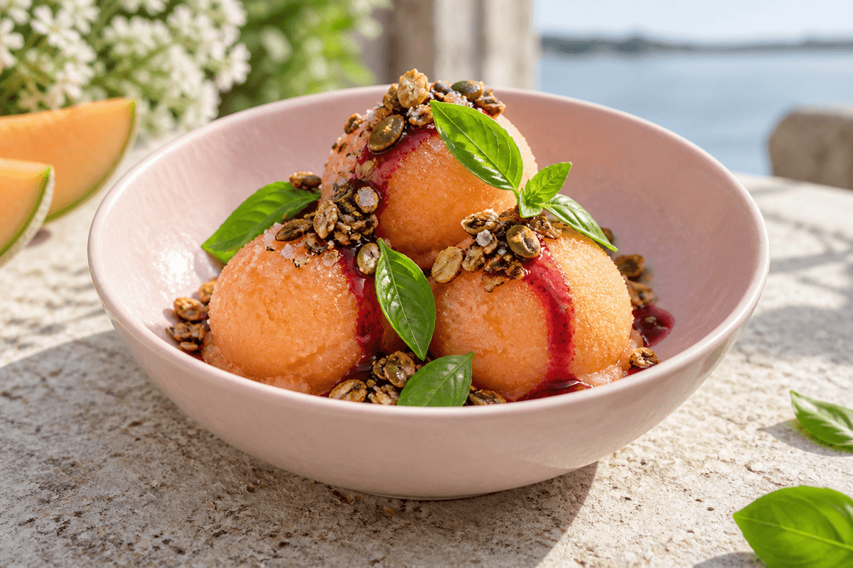 Cantaloupesorbet med hibiscus-limesirup, basilikum og saltet græskarkerneknas