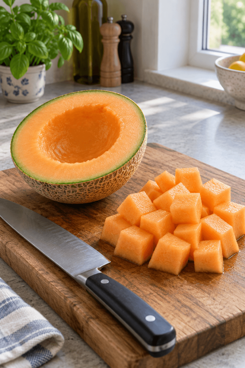 Én renset cantaloupehalvdel og ens orange melontern på ét bræt med én kniv