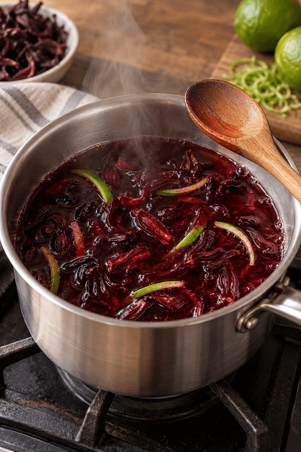 Dybrød hibiscus-limesirup med blomster og limeskal i én gryde
