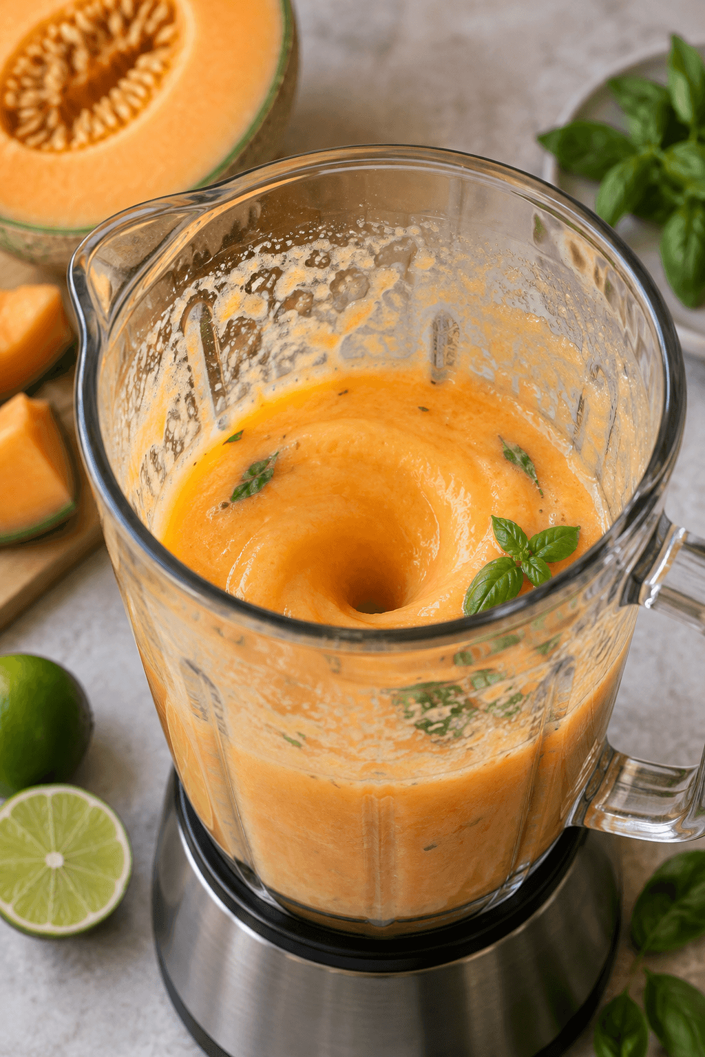 Glat orange cantaloupepuré med lime og basilikum i én blenderkande