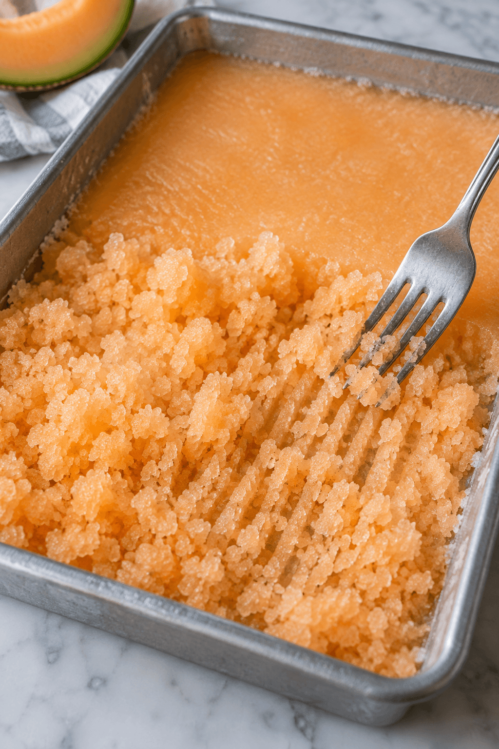Halvfrossen orange cantaloupesorbet skrabes med én gaffel i ét metalfad