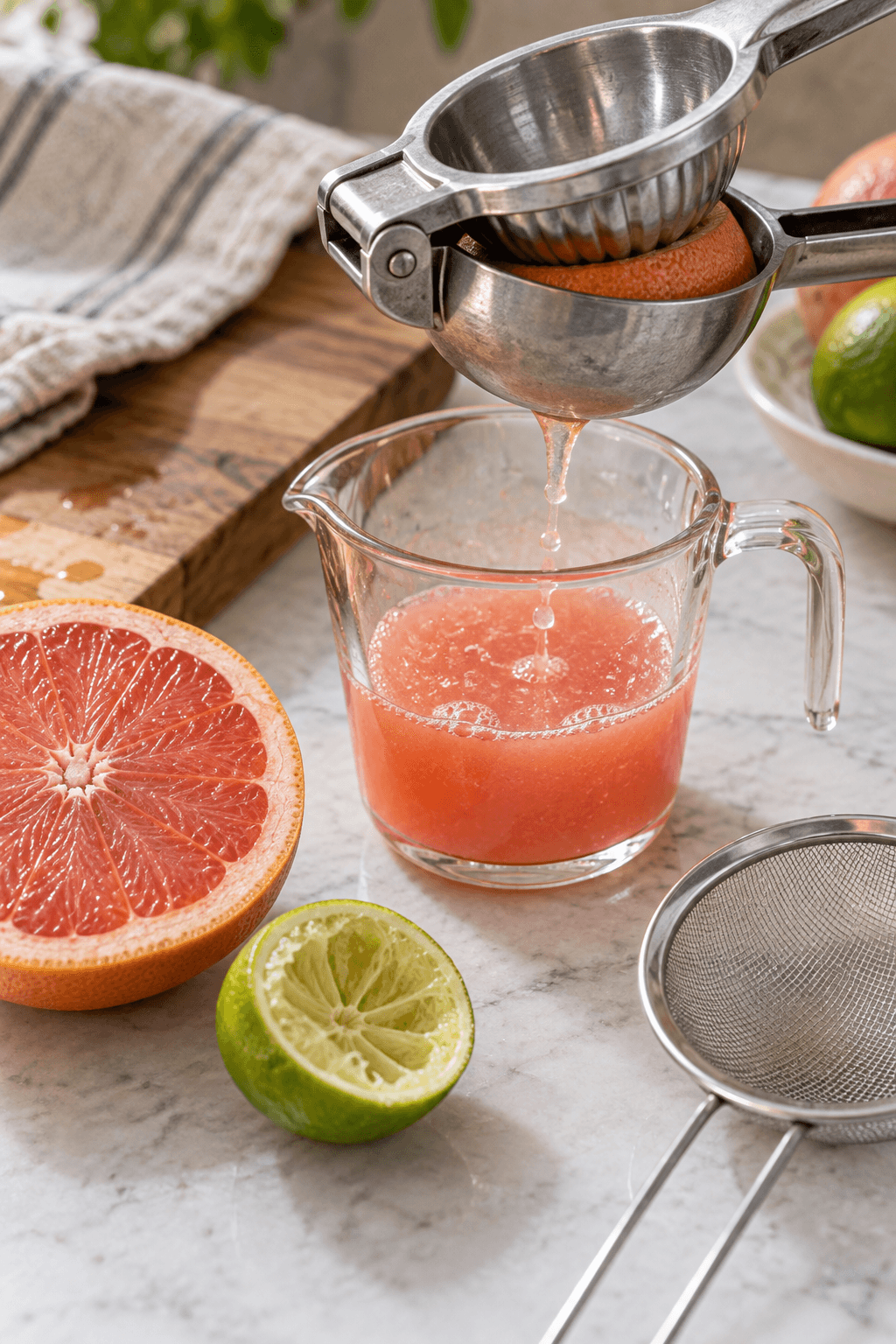 Rosa grapefrugt og lime presses til koralrosa juice i én målekande