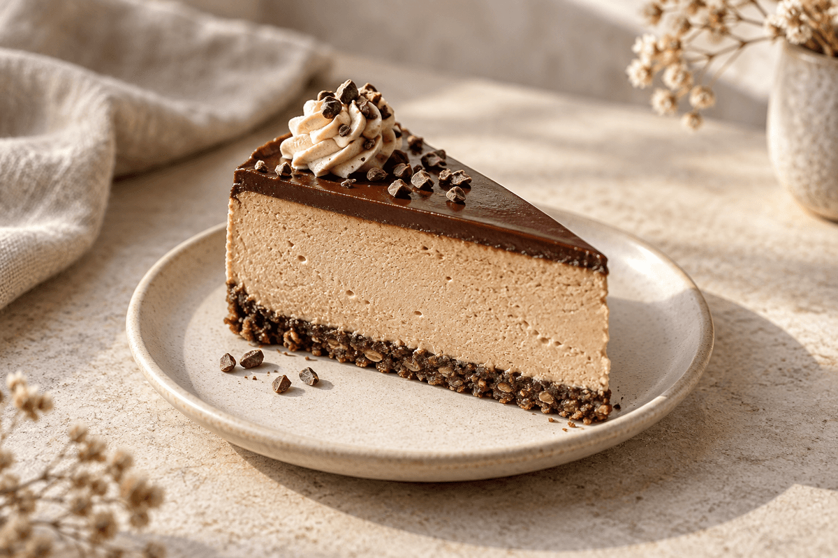 Et stykke cappuccino-cheesecake med kakaohavrebund og saltet chokoladefudge