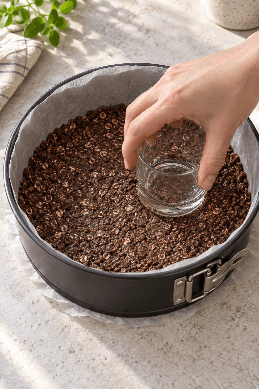 Kakaohavrebund presses fast i en springform med et glas