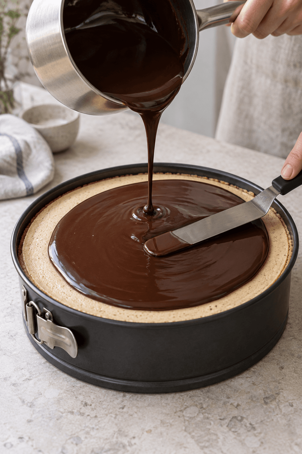 Tynd mørk chokoladefudge fordeles på en kold cappuccino-cheesecake