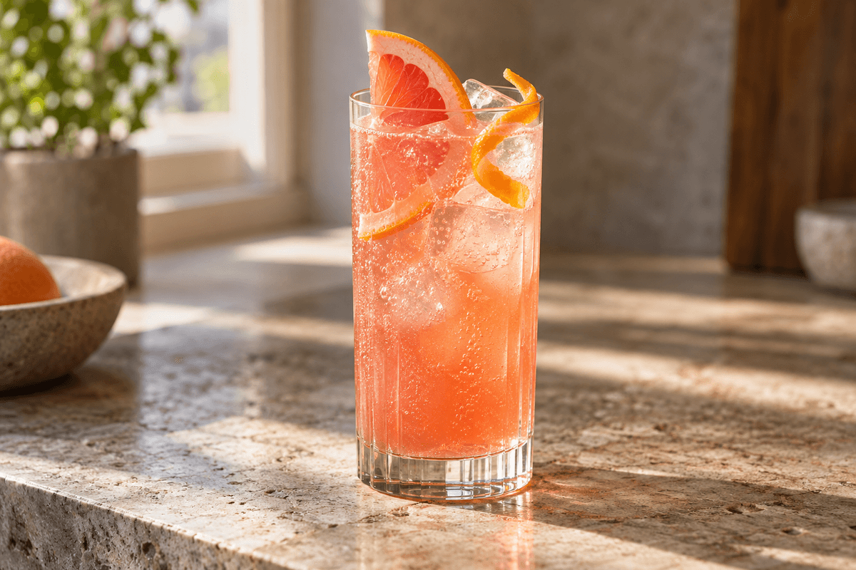 Car Crash-highball med pink grapefrugt, appelsin, lime, ingefærøl og klar is