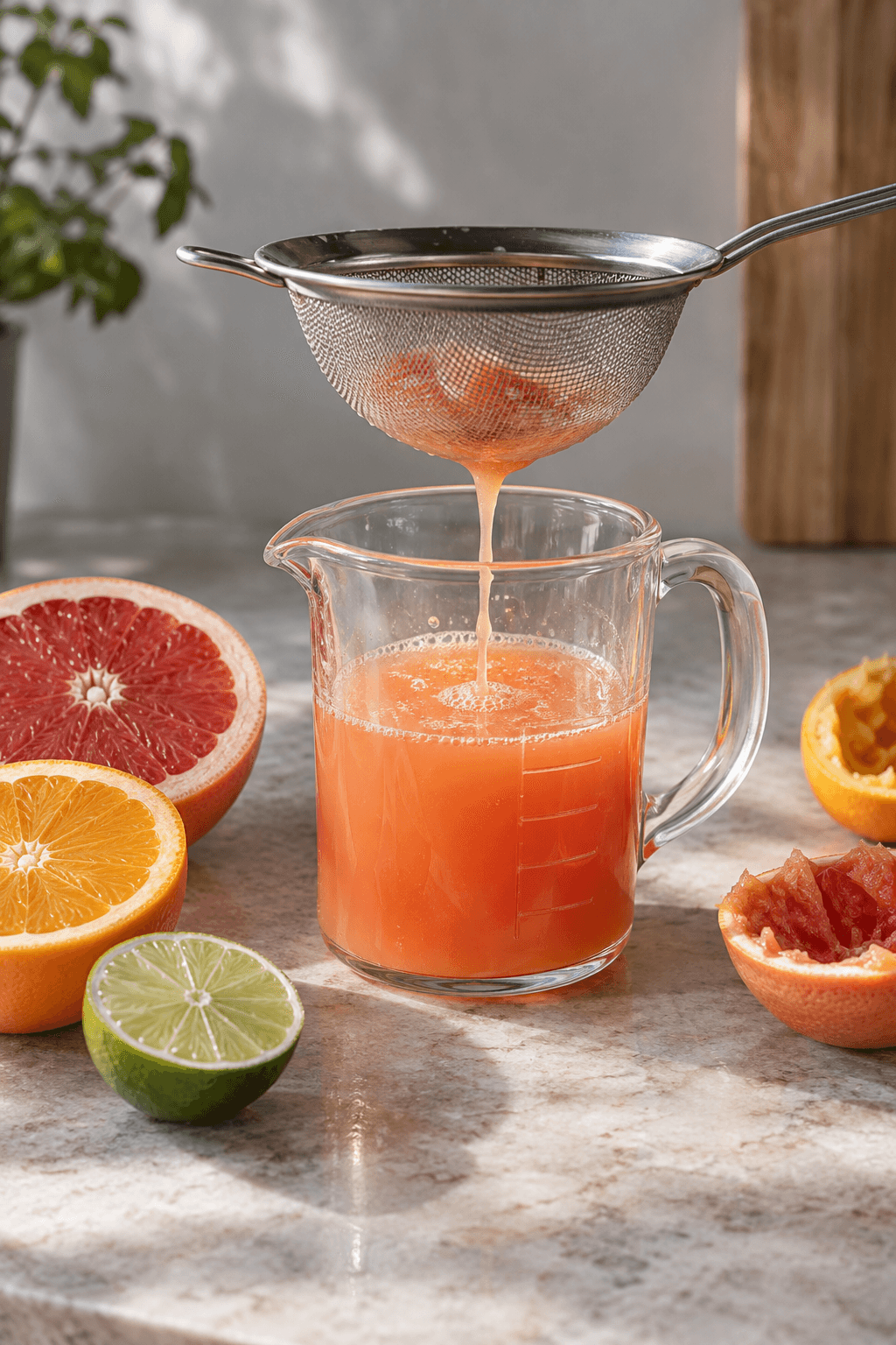 Pink grapefrugt-, appelsin- og limejuice sies fint i ét klart måleglas