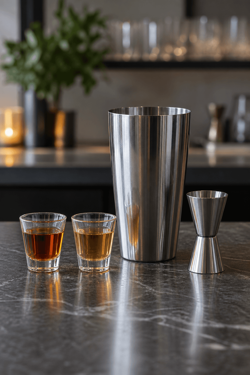 To ravfarvede likører står præcist afmålt ved én tom cocktailshaker