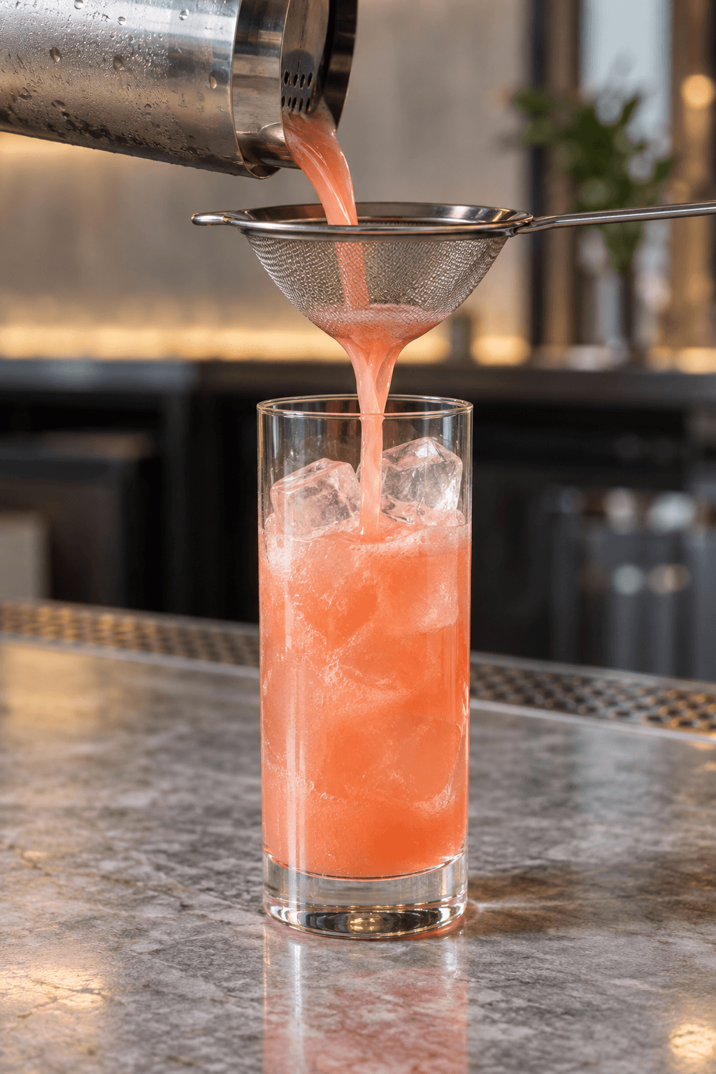 Coralrosa cocktail dobbelt-sies fra én shaker til ét highballglas med klar is