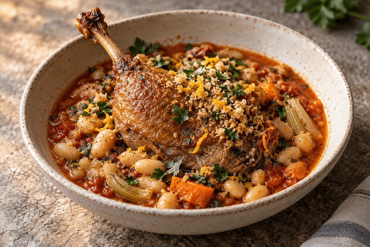 Cassoulet med sprødt andelår, hvide bønner, fennikel og persille-surdejskrummer