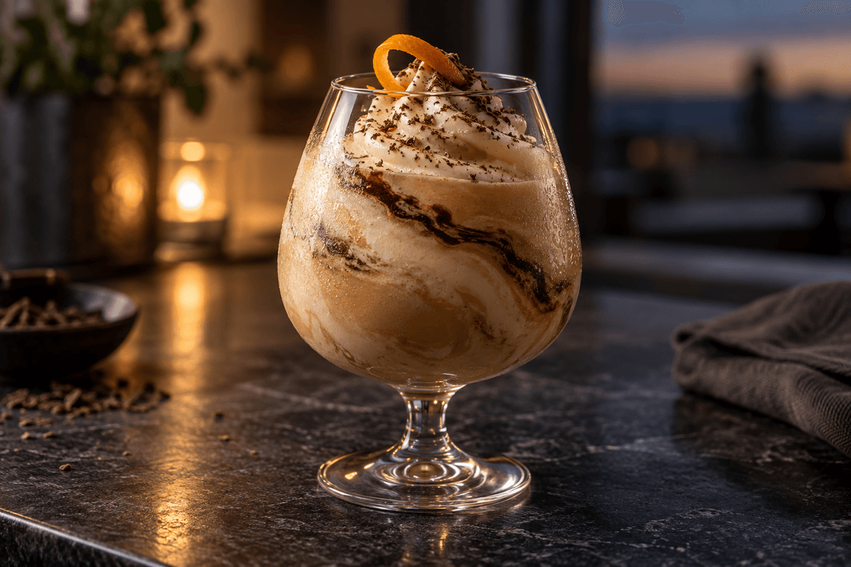 Cat’s Meow frossen whiskycocktail med espresso, appelsinskal og revet chokolade