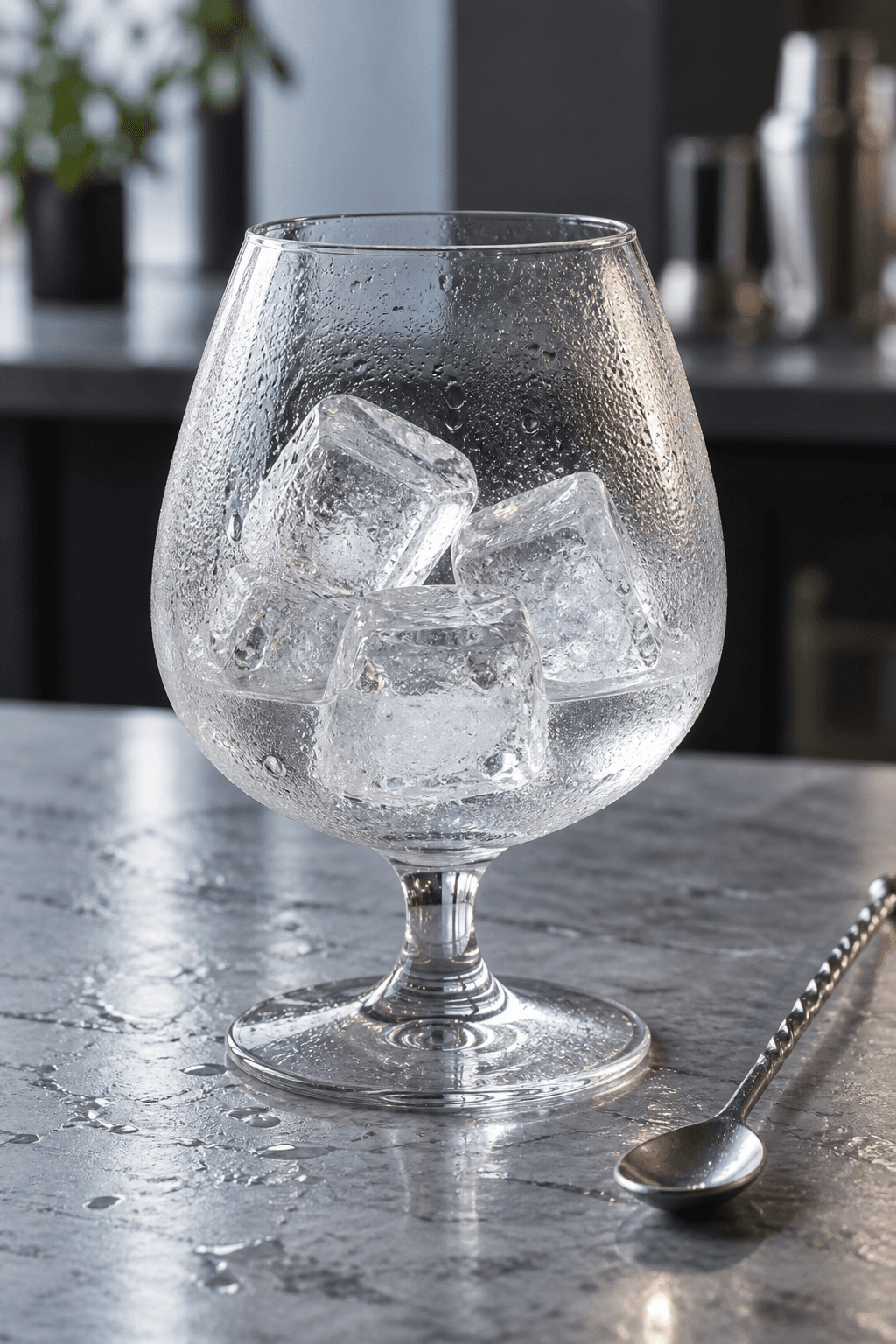 Ét cognacglas køles med fire store isterninger og koldt vand