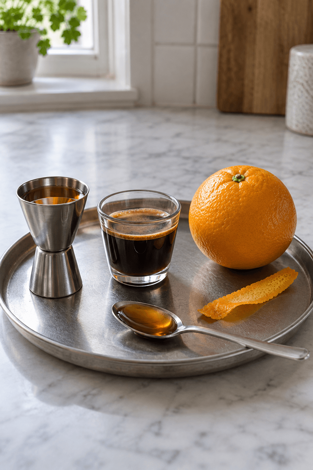 Whisky, afkølet espresso, ahornsirup og appelsinskal står præcist afmålt