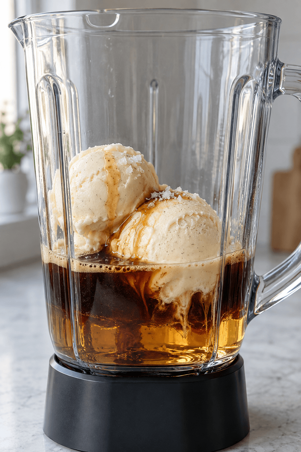 To kugler vaniljeis, whisky, espresso, ahorn og salt ligger i lag i én blender