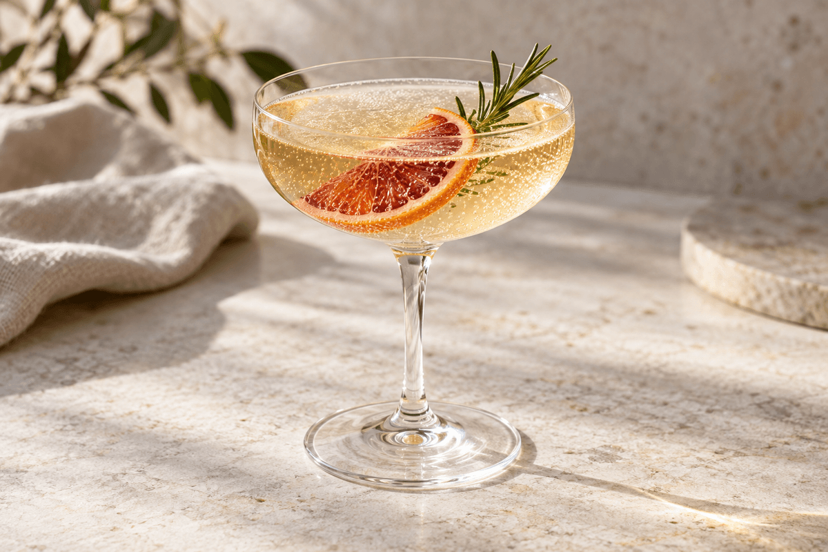 Champagne-citrusdrink med blodappelsin, grapefrugt og rosmarinsirup