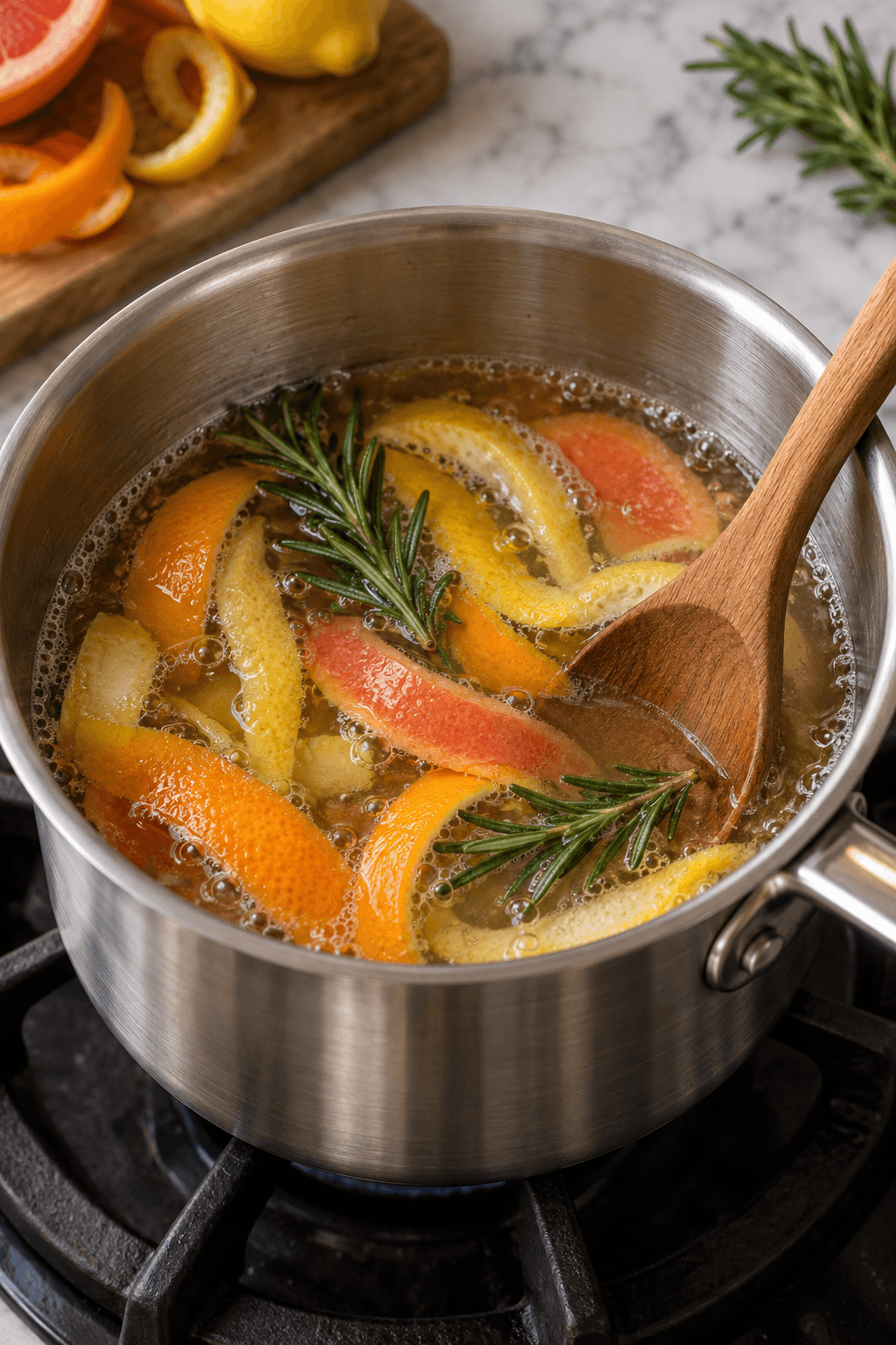 Citrusskal og to rosmarinkviste småkoger i klar sirup i én gryde