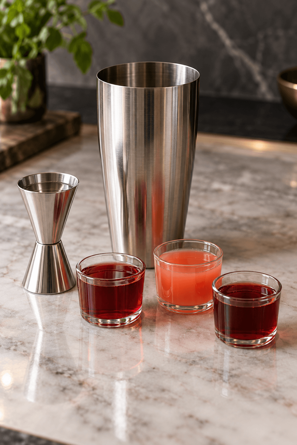 Citronvodka, tranebær, blodappelsin og granatæblesirup måles ved en shaker