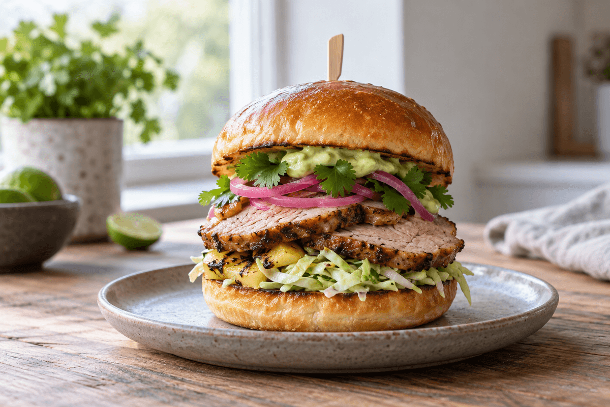 Chili-limemarineret svineburger med ananas-slaw og avocado-limecreme