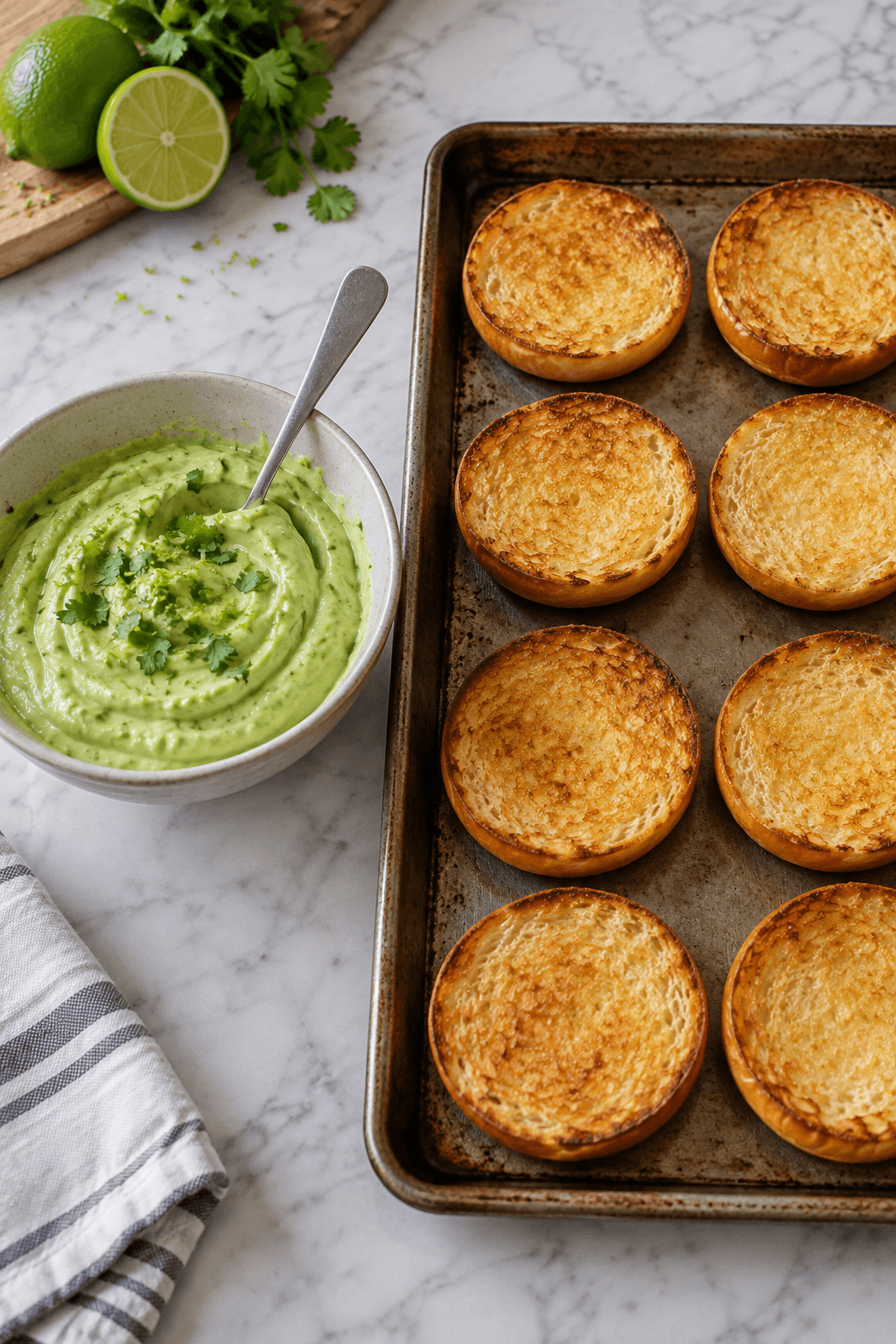 Avocado-limecreme står ved otte ristede briochebollehalvdele
