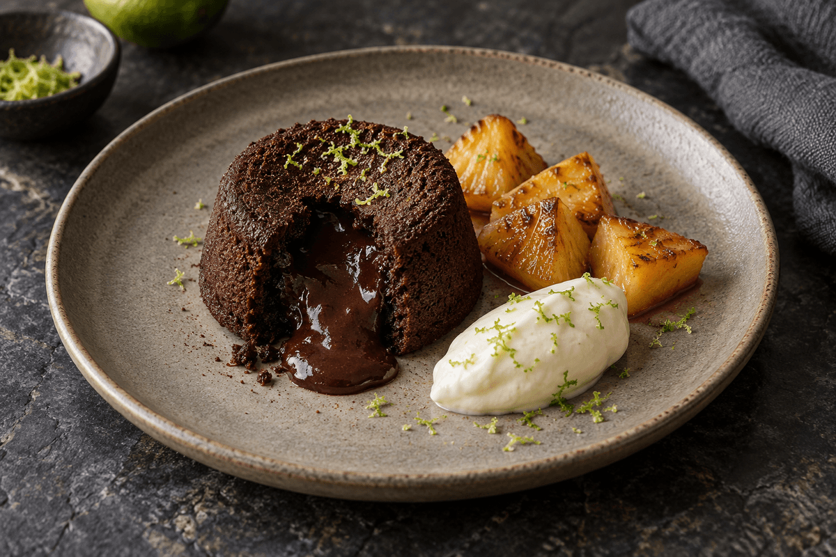 Chokoladefondant med flydende midte, karamelliseret ananas og limecreme