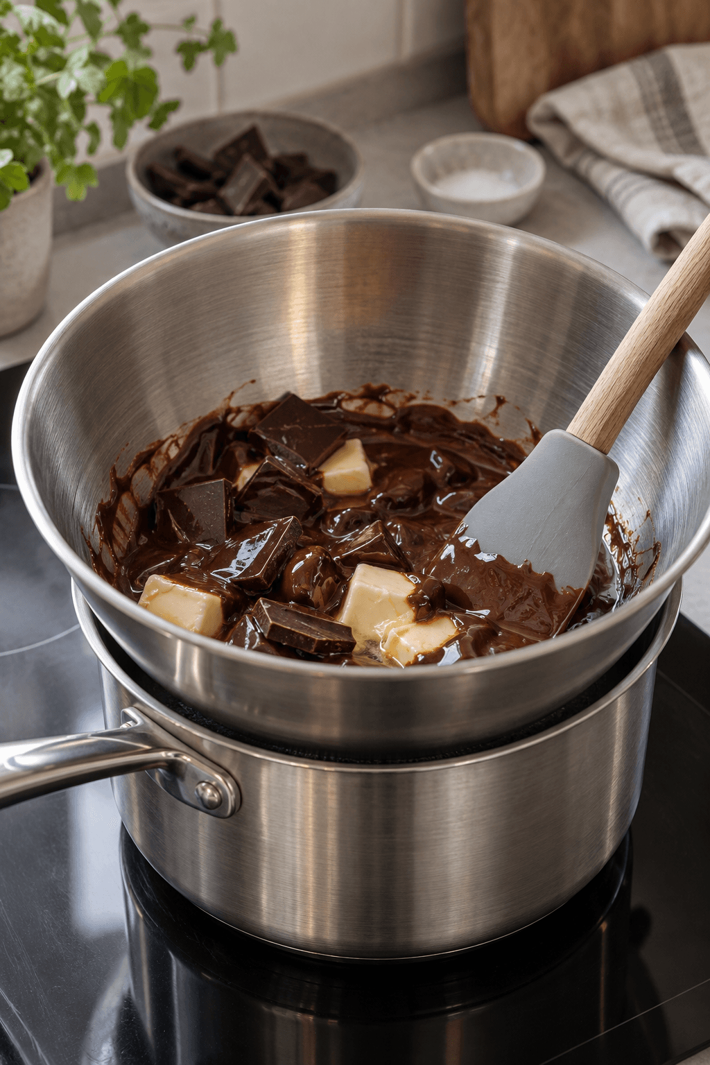 Mørk chokolade og smør smeltes skånsomt i skål over varmt vand