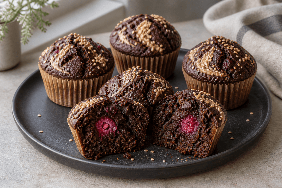 Chokolademuffins uden smør med tahin, hindbær og sesamknas
