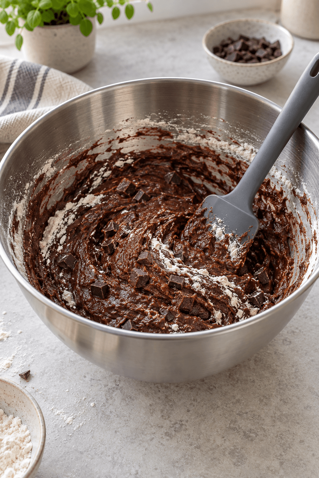 Mørk muffindej foldes forsigtigt med melstriber og chokoladestykker