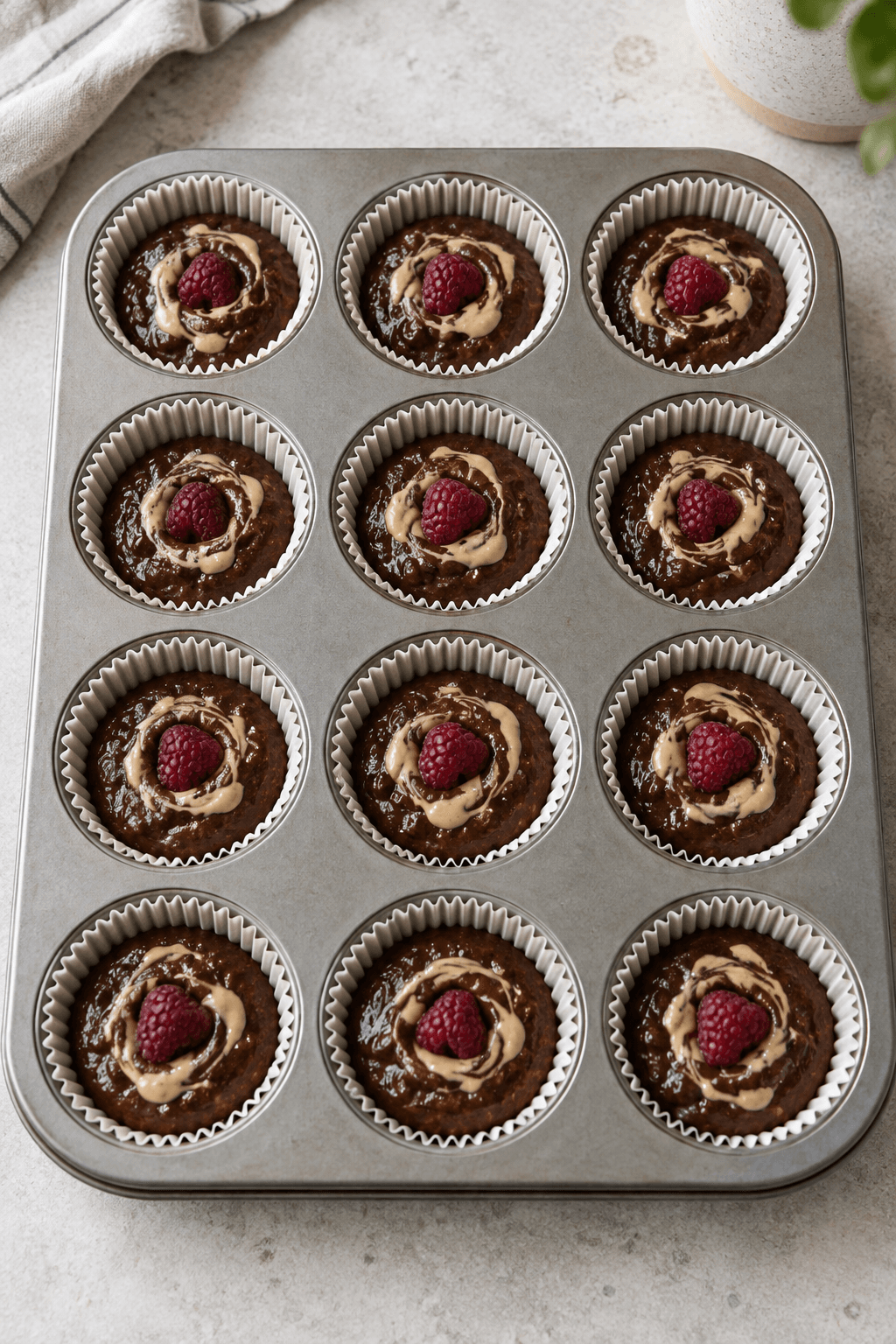 Tolv rå chokolademuffins med et hindbær og tahinsnirkle i hver form