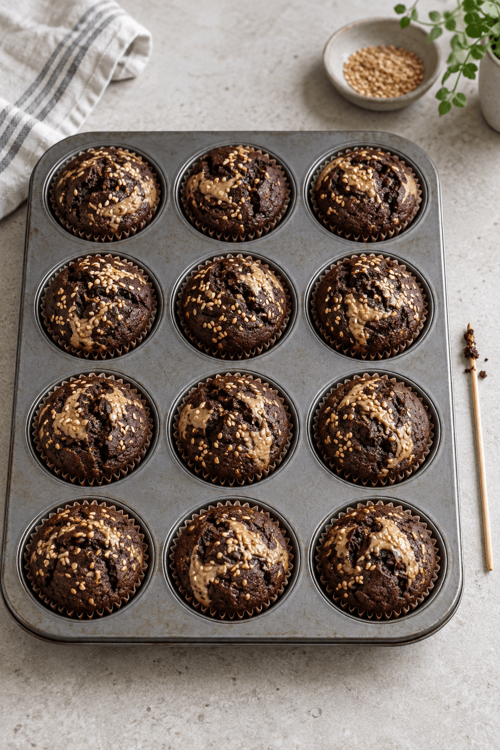 Tolv bagte chokolademuffins med tahin og sesamknas i metalbakke