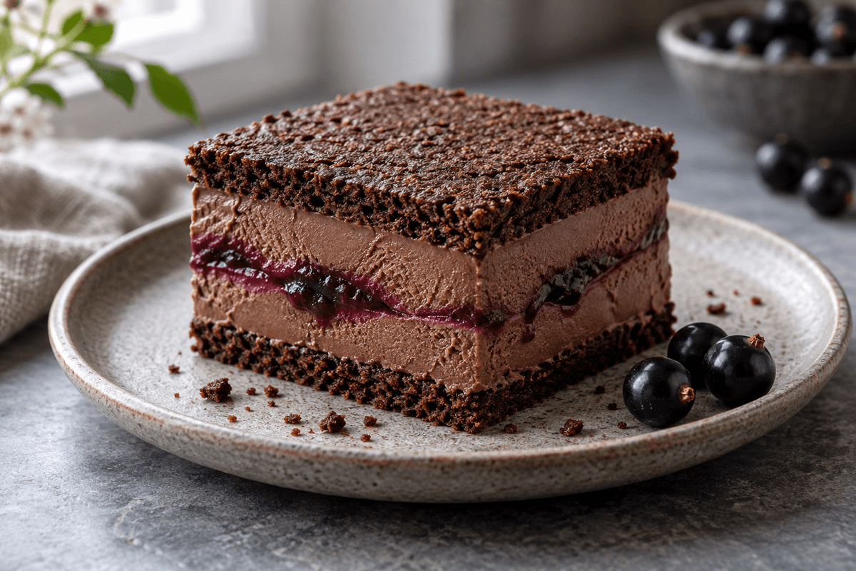 Én chokoladeparfait-sandwich med kakaorugkiks og tydelig lilla solbærkerne