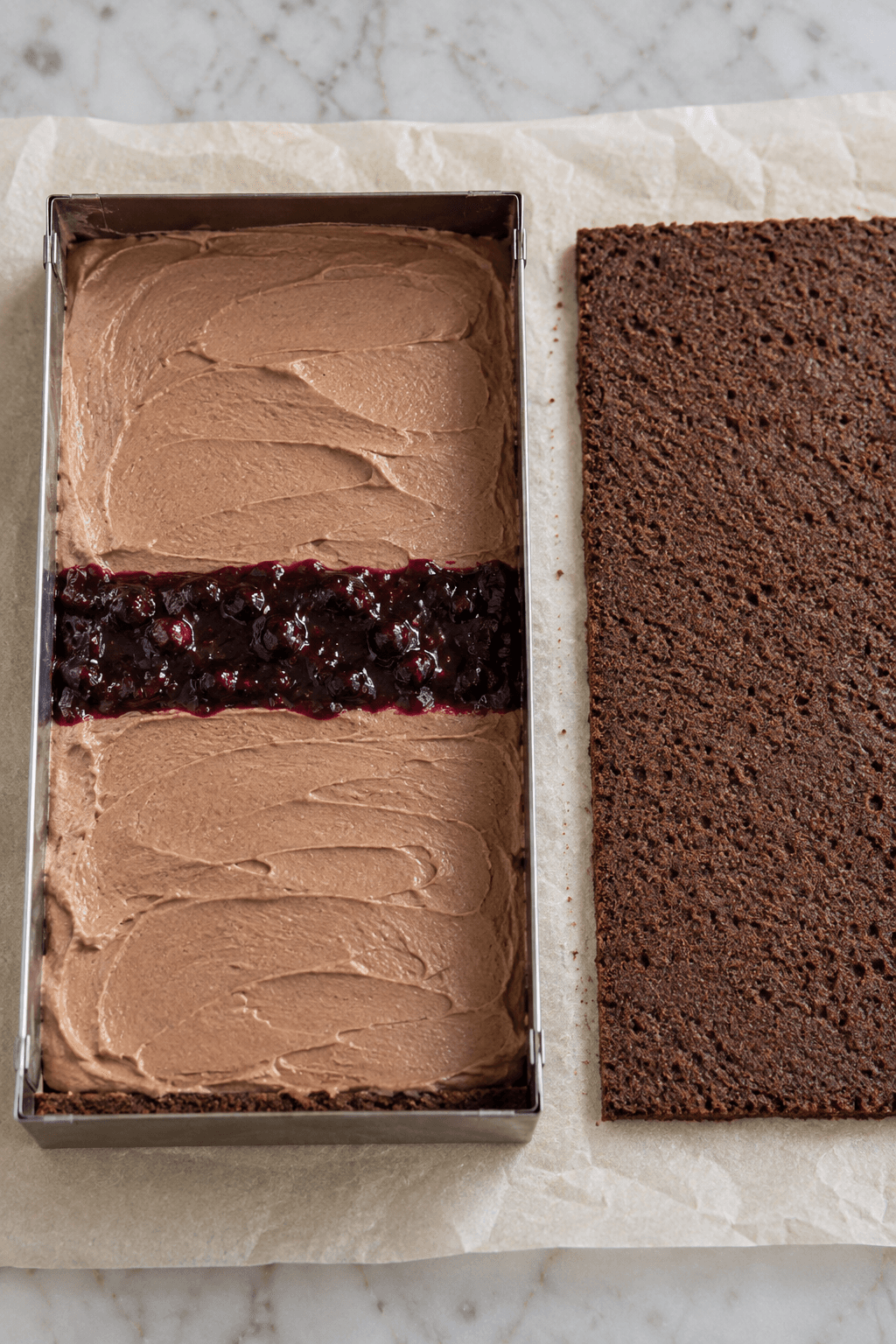Stor chokoladeparfait-sandwich samles i én ramme med kakaorugbund, parfait og solbærkerne