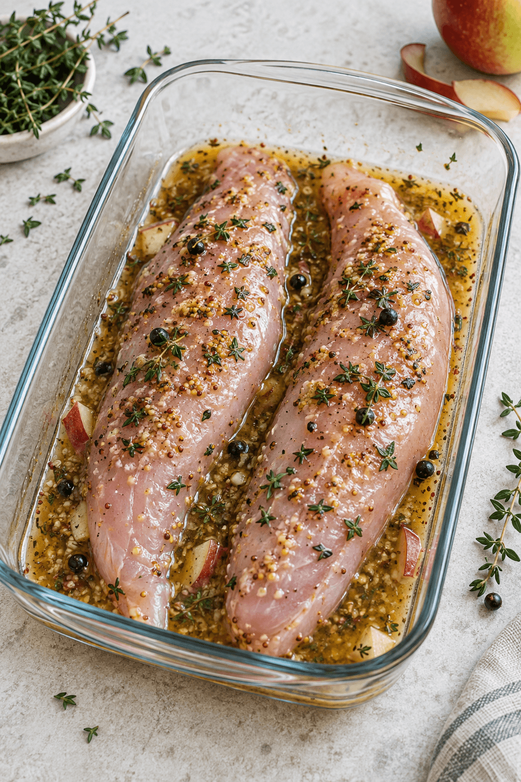 To hele kalkunmørbrader i cidermarinade med dijonsennep, timian og enebær