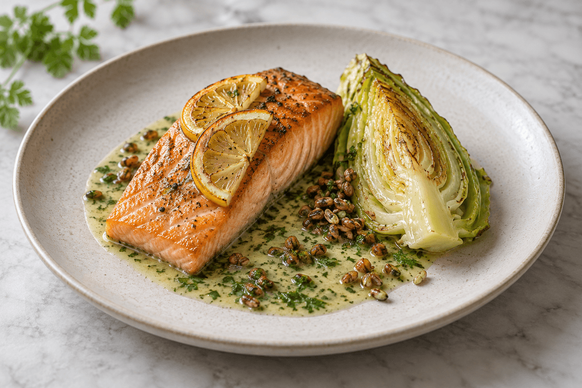 Citronbagt laks med varm kørvel-persillesauce, spidskål og sprøde rugkerner