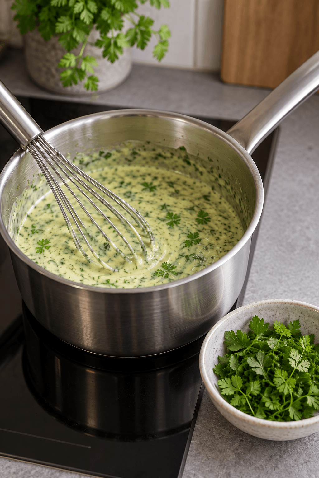 Varm lysegrøn sauce med finthakket persille og kørvel piskes glat