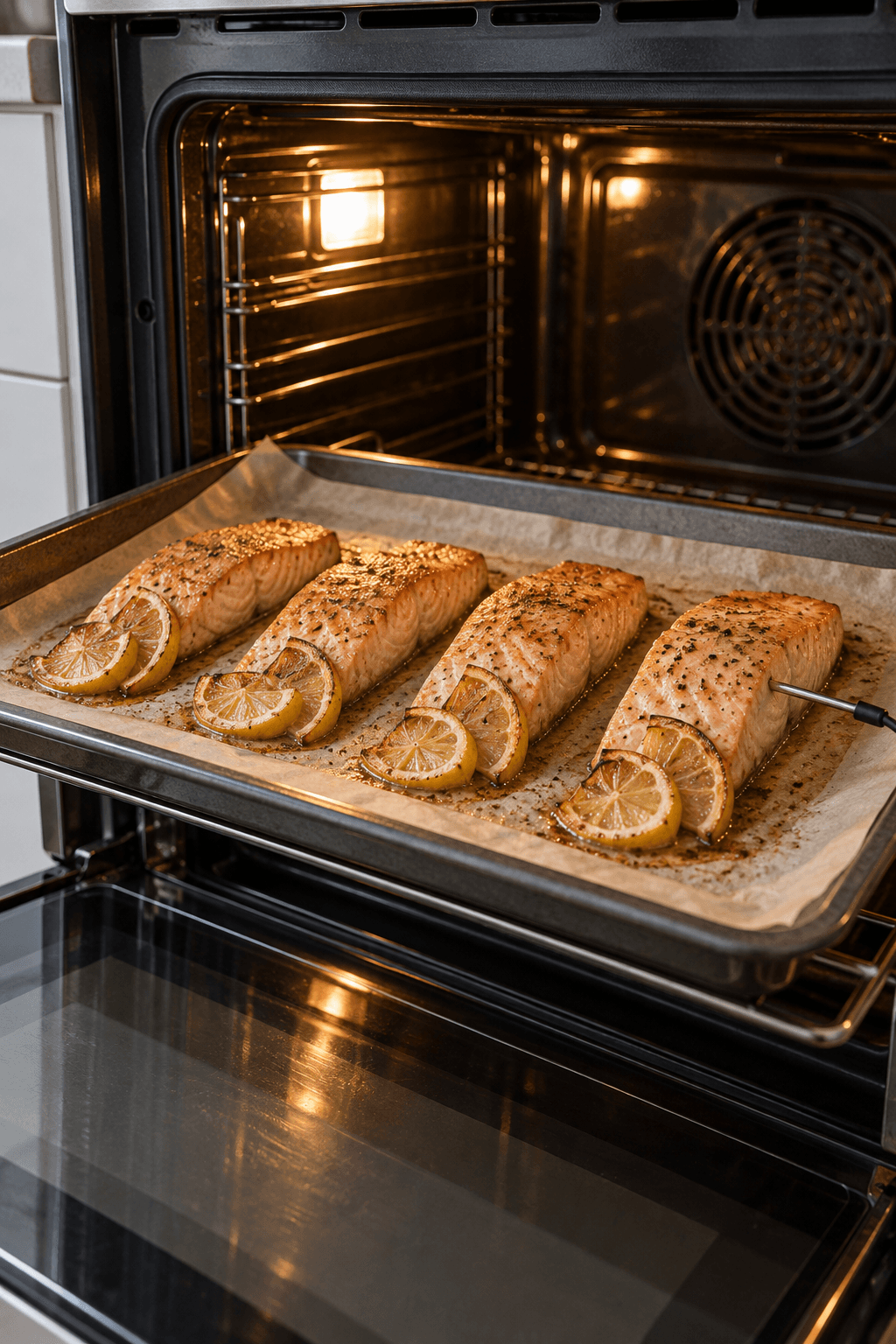 Fire citronbagte laksefileter måles i det tykkeste stykke med stegetermometer