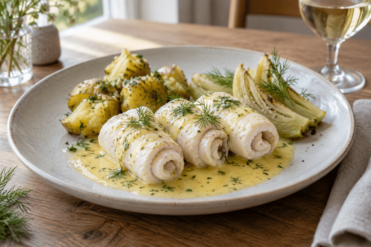 Citrondampede søtungeruller med fennikel, dildsauce og knuste kartofler