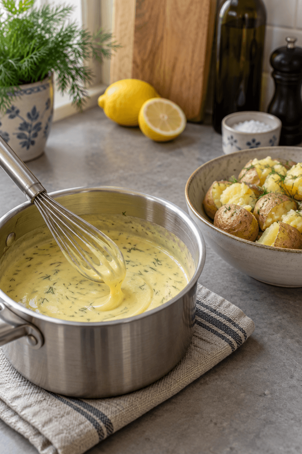 Blank citron-dildsauce piskes ved siden af én skål knuste kartofler