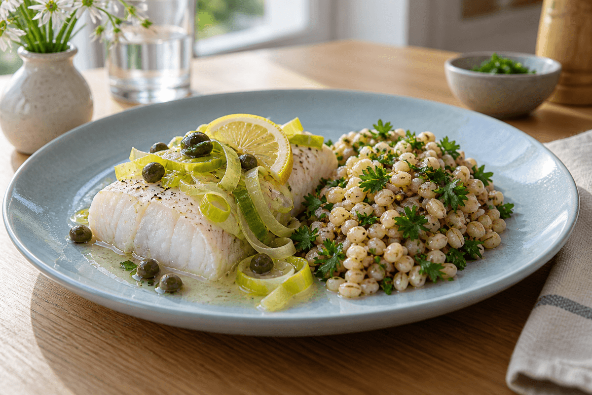 Citrondampet sandart med porre, kapers og lun perlebygsalat