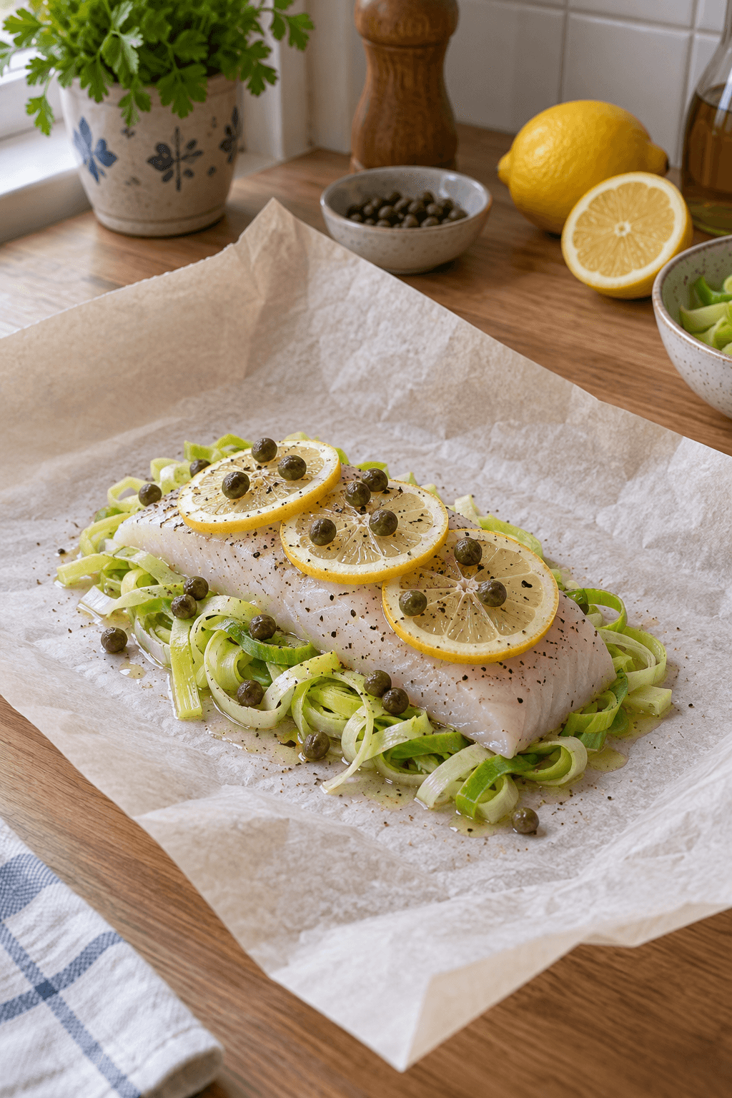 Én rå sandartfilet med porre, citron og kapers på åbent bagepapir