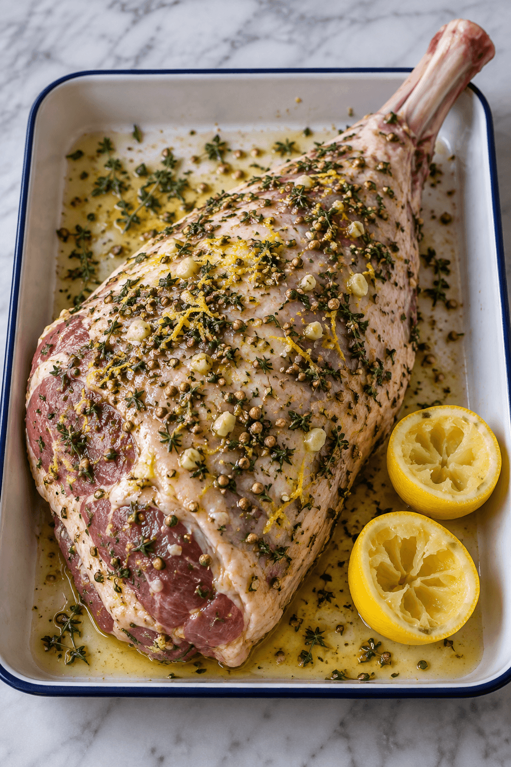 Rå lammekølle dækket med citron, timian, hvidløg og korianderfrø