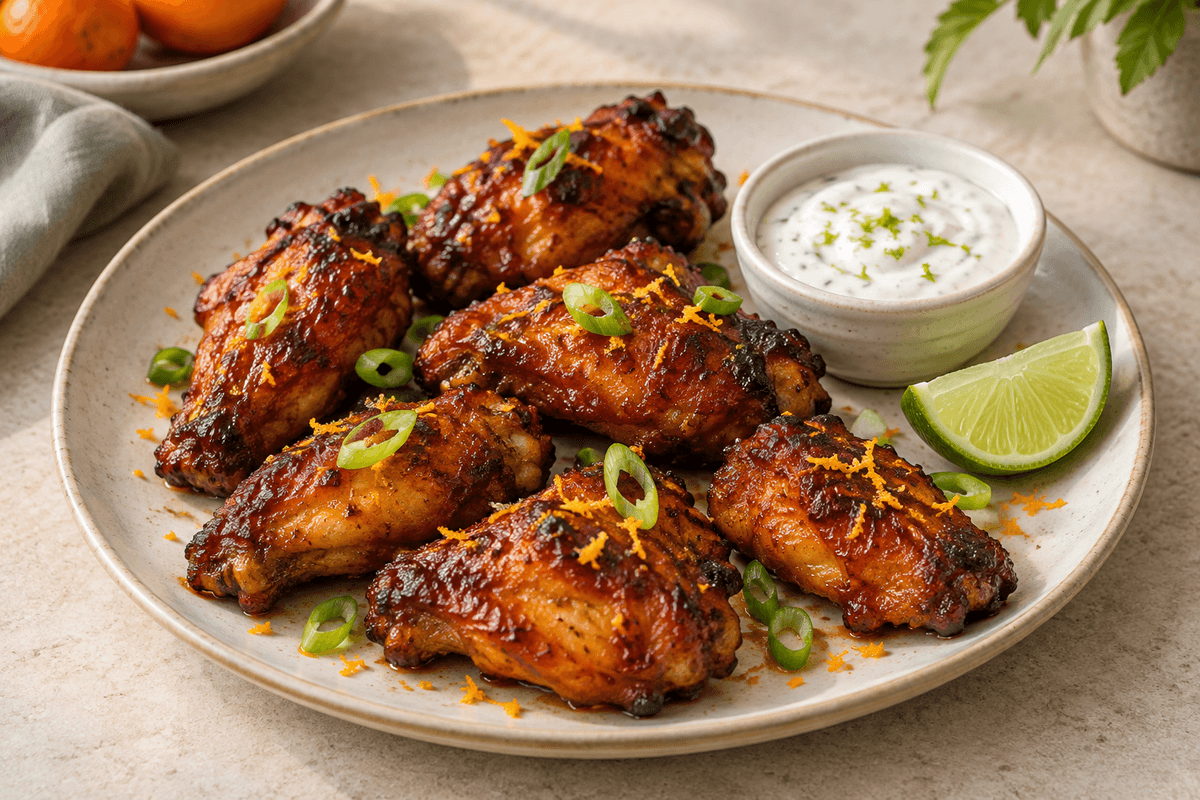 Citrus-barbecue wings med mandarin, chipotle og lime-yoghurtdip