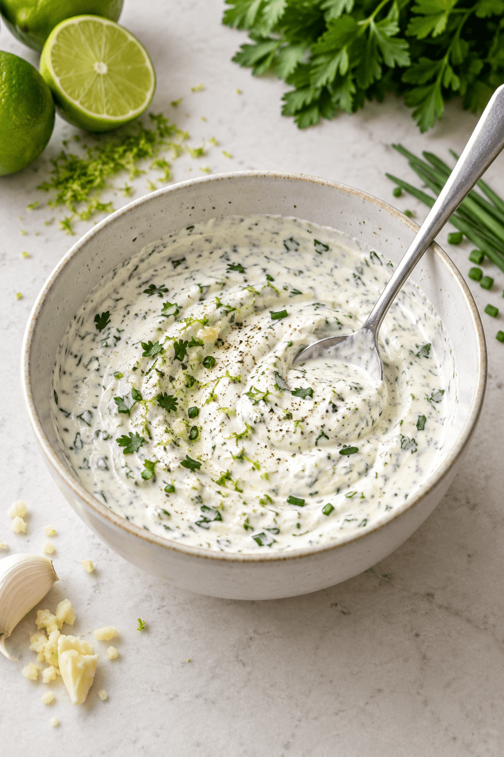 Tyk yoghurtdip røres med lime, purløg, persille og hvidløg
