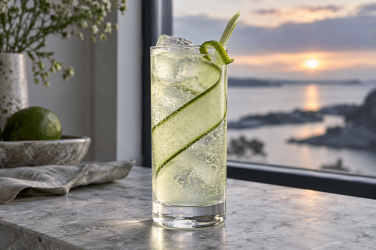 Clear Cell-highball med agurk, lime, citrongræs, klar is og fine bobler