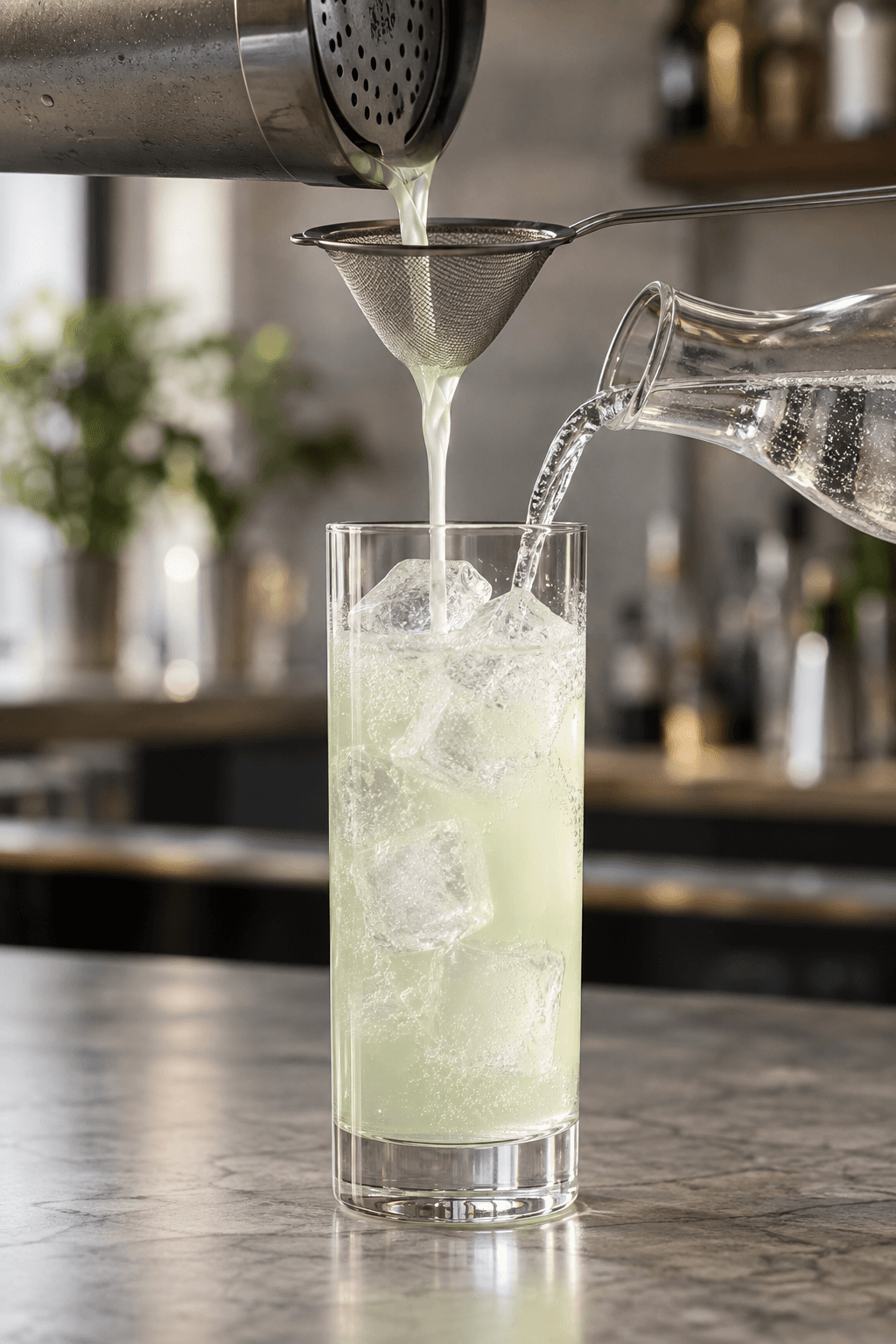 Bleg Clear Cell-cocktail dobbelt-sies over klar is og toppes med sodavand