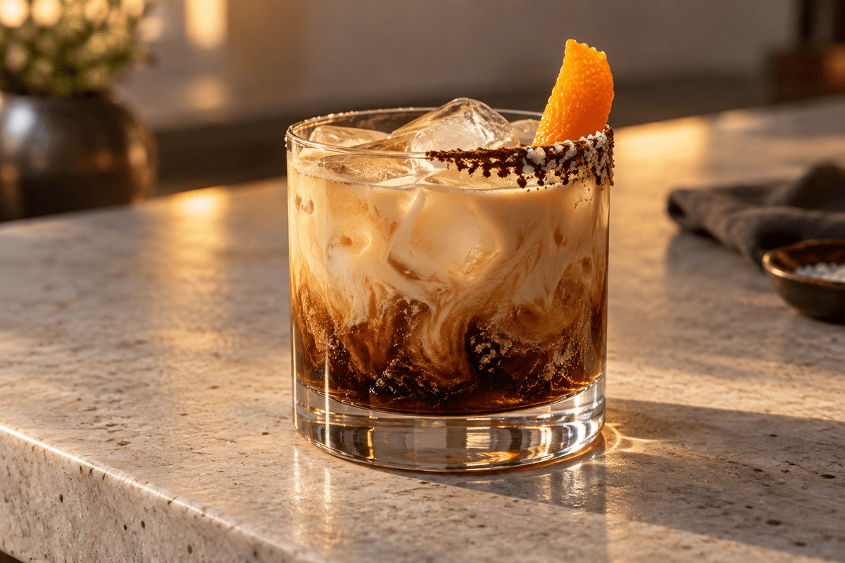 Colorado Bulldog med espresso, fløde, cola, kakaokant og appelsinskal