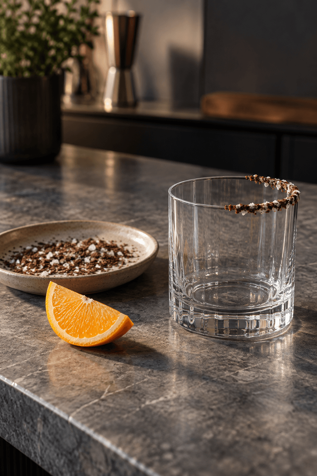 Halvdelen af ét rocks-glas får kakaokant med flagesalt
