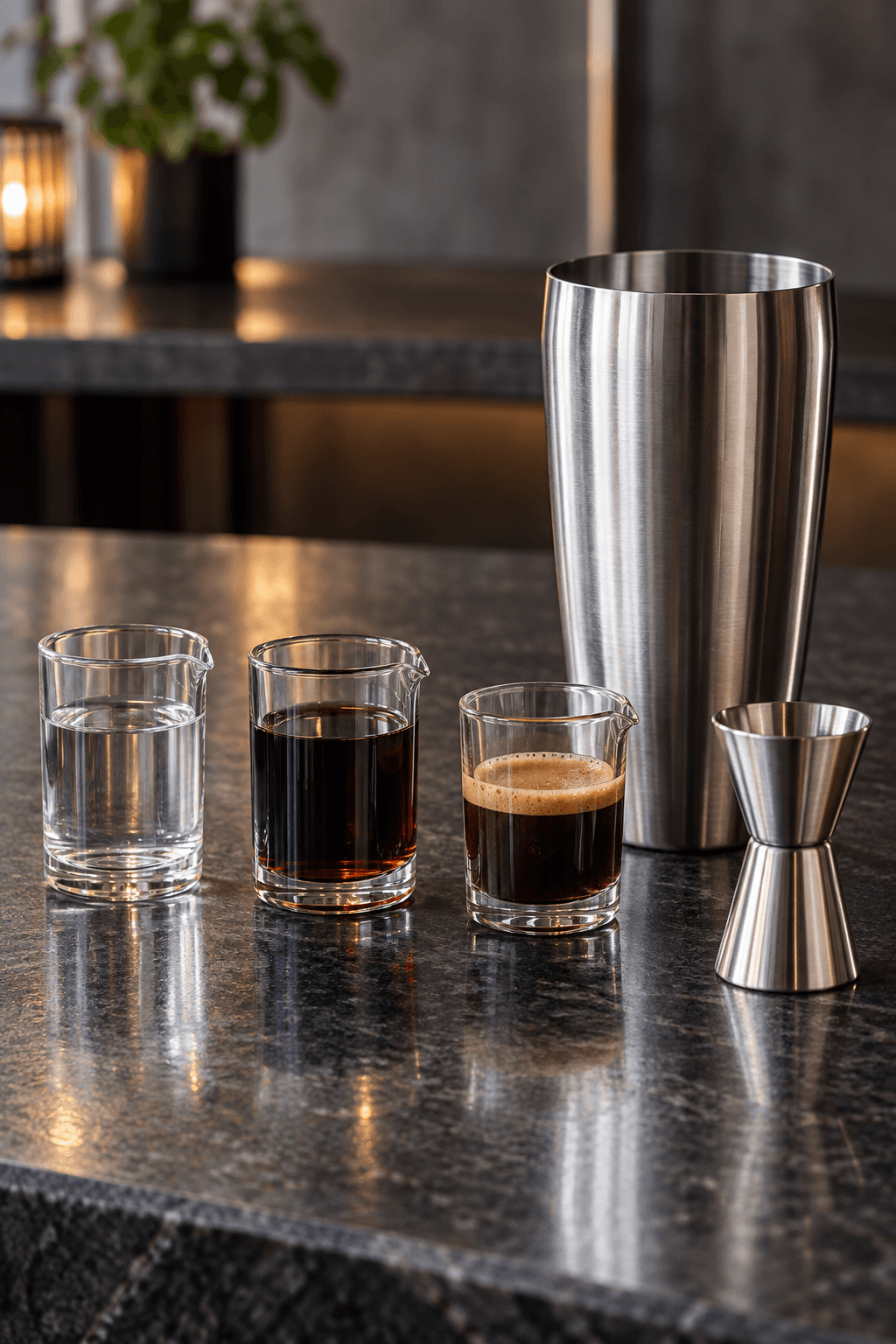 Vodka, kaffelikør og espresso står afmålt ved én shaker