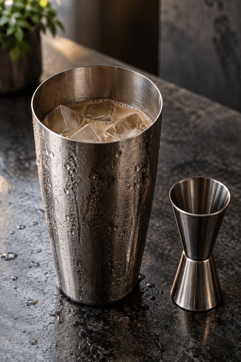 Cremet kaffebase shakes med store isterninger i én shaker