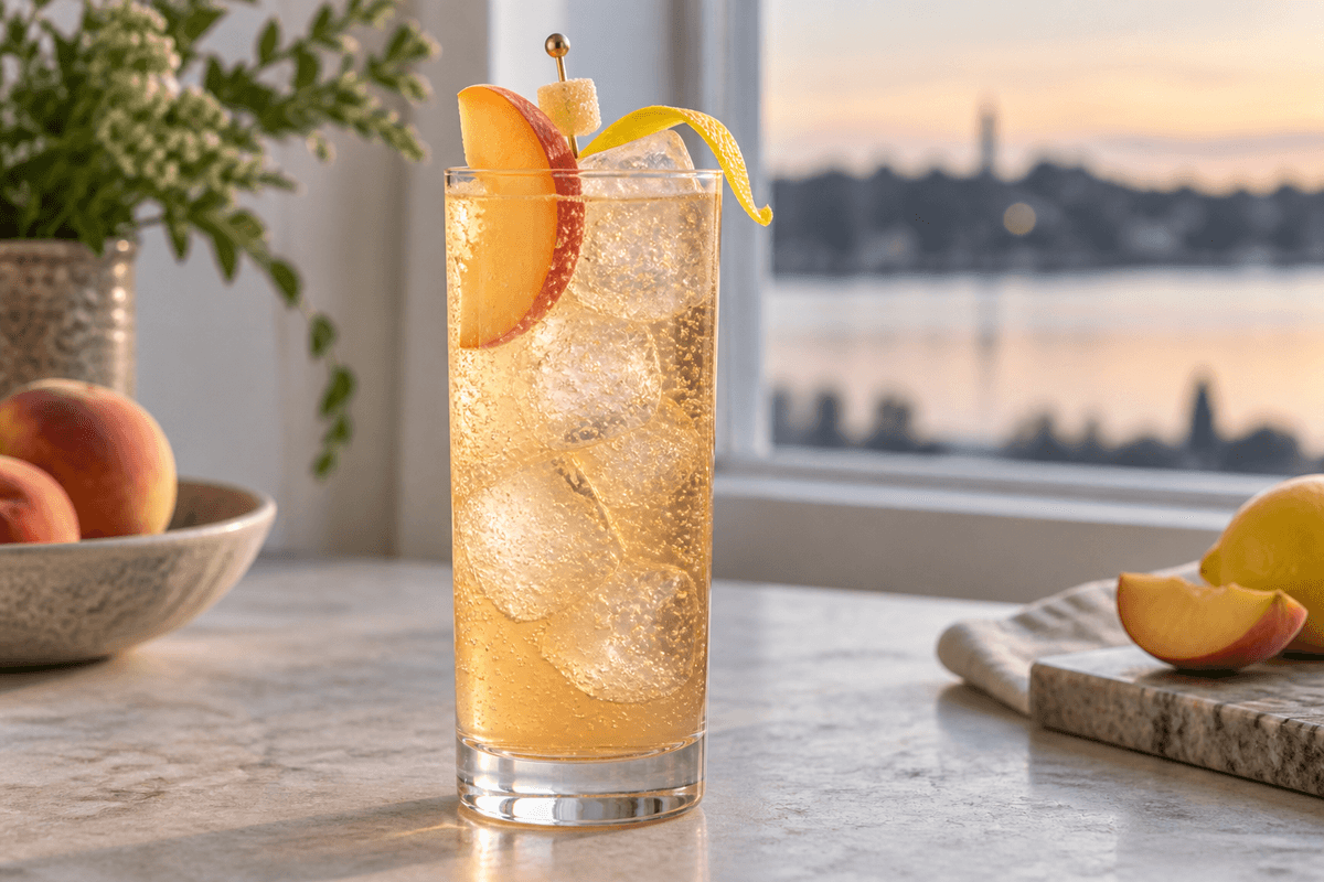 Comfortably Numb-highball med fersken, citron, ingefær, bobler og klare isterninger