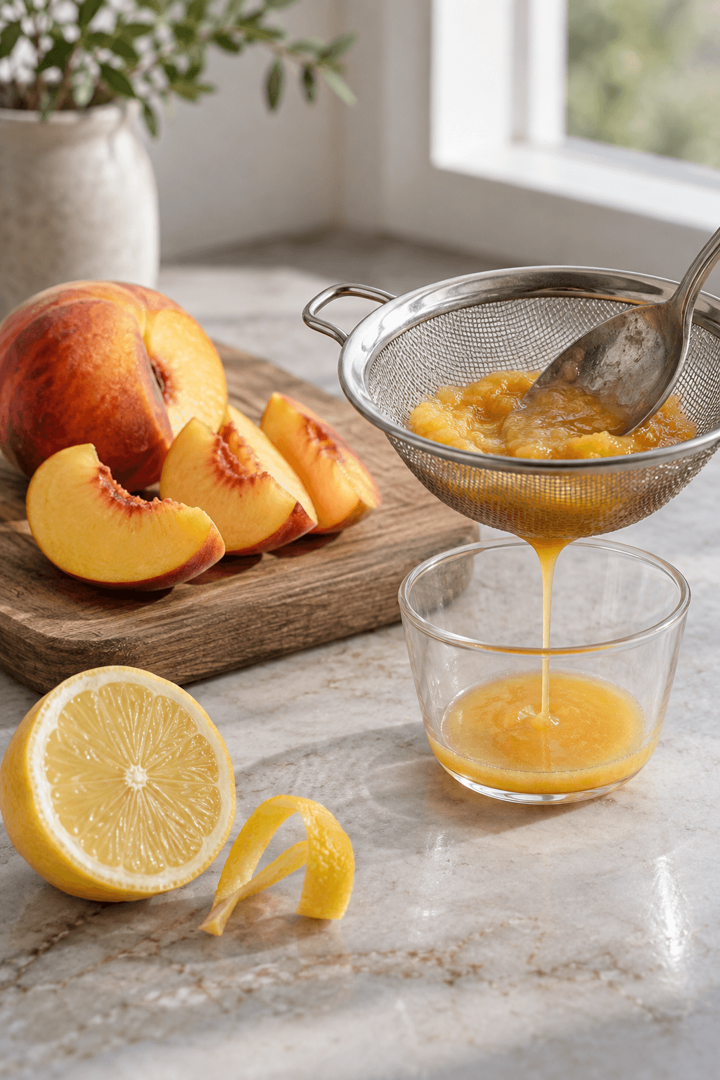 Moden fersken presses gennem fin si ved en halv citron og citrontwist